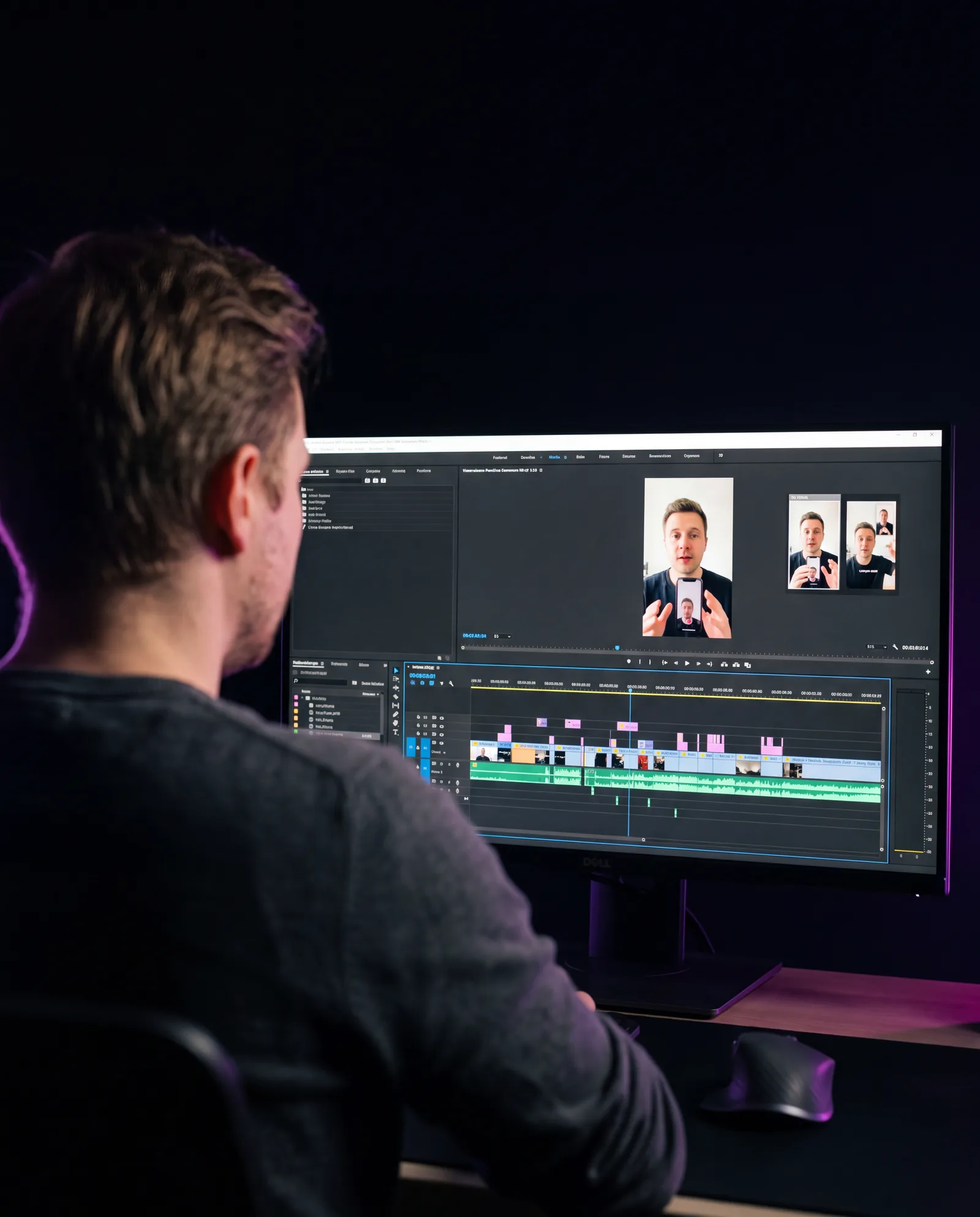 Ein Mann sitzt von hinten gesehen vor einem breiten Monitor und schneidet ein Video, im Schnittprogramm läuft eine hochkant aufgenommene Aufnahme eines sprechenden Mannes mit Telefon in der Hand