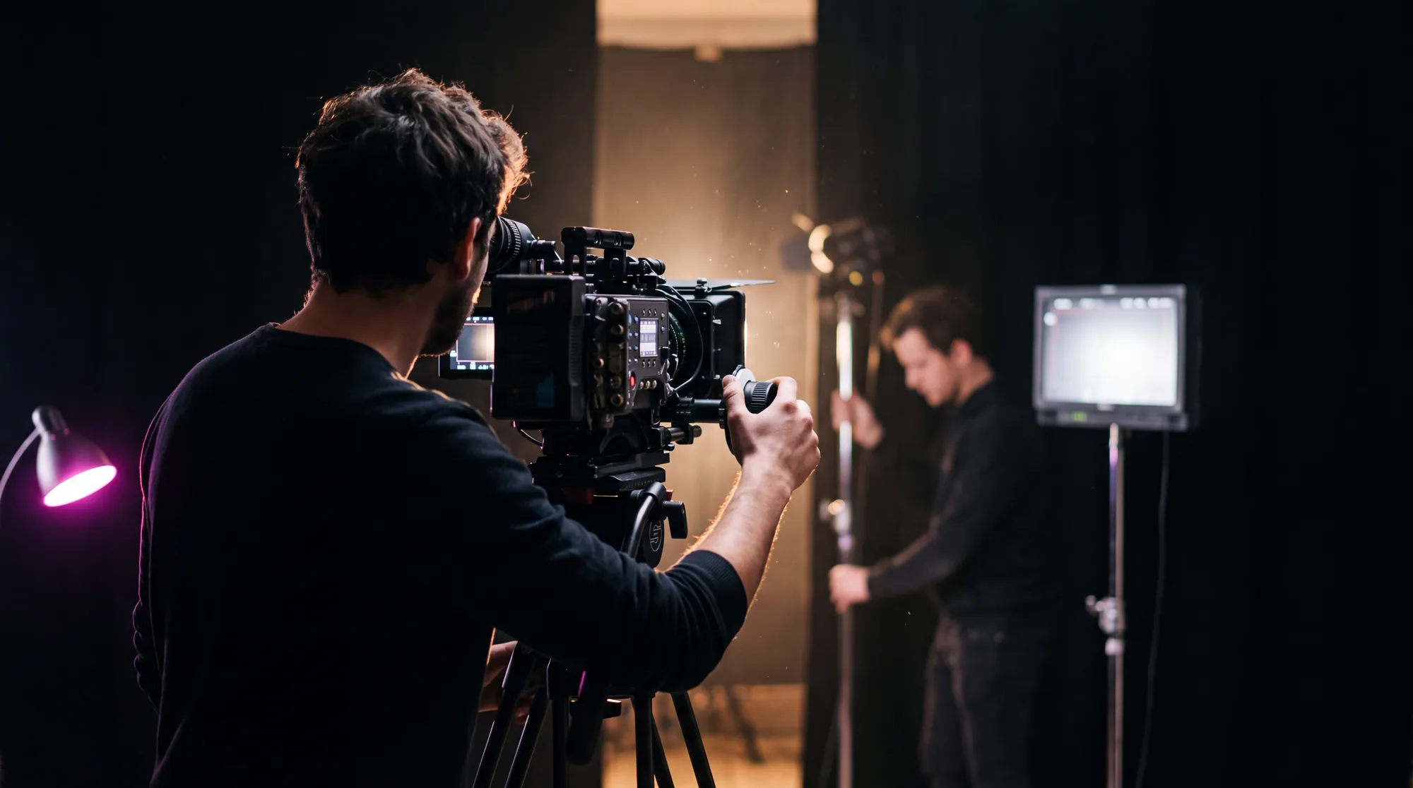 Ein Mann steht von hinten gesehen an einer großen Filmkamera auf Stativ, im Hintergrund richtet ein zweiter Mann ein Licht ein