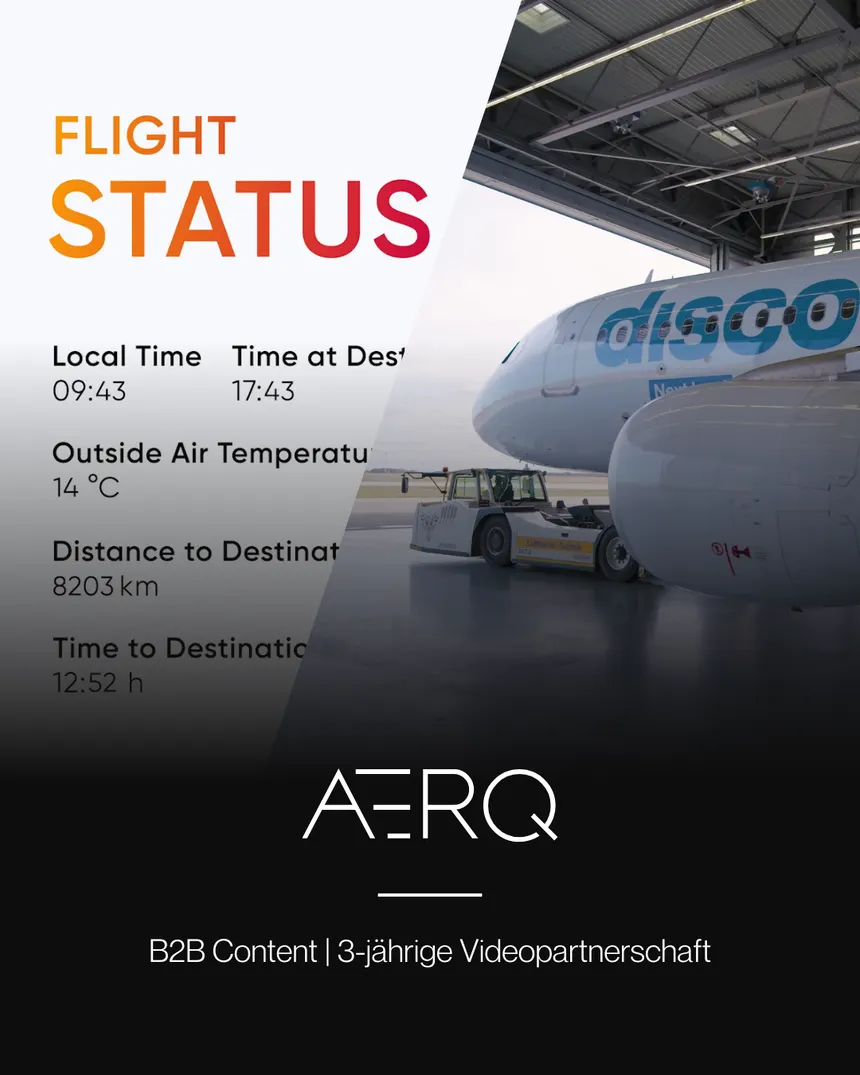 Projektkarte AERQ: Flugzeug im Hangar mit eingeblendeter Flugstatus-Anzeige, darunter das Logo von AERQ und die Angabe Video-Content, 3-jährige Videopartnerschaft.