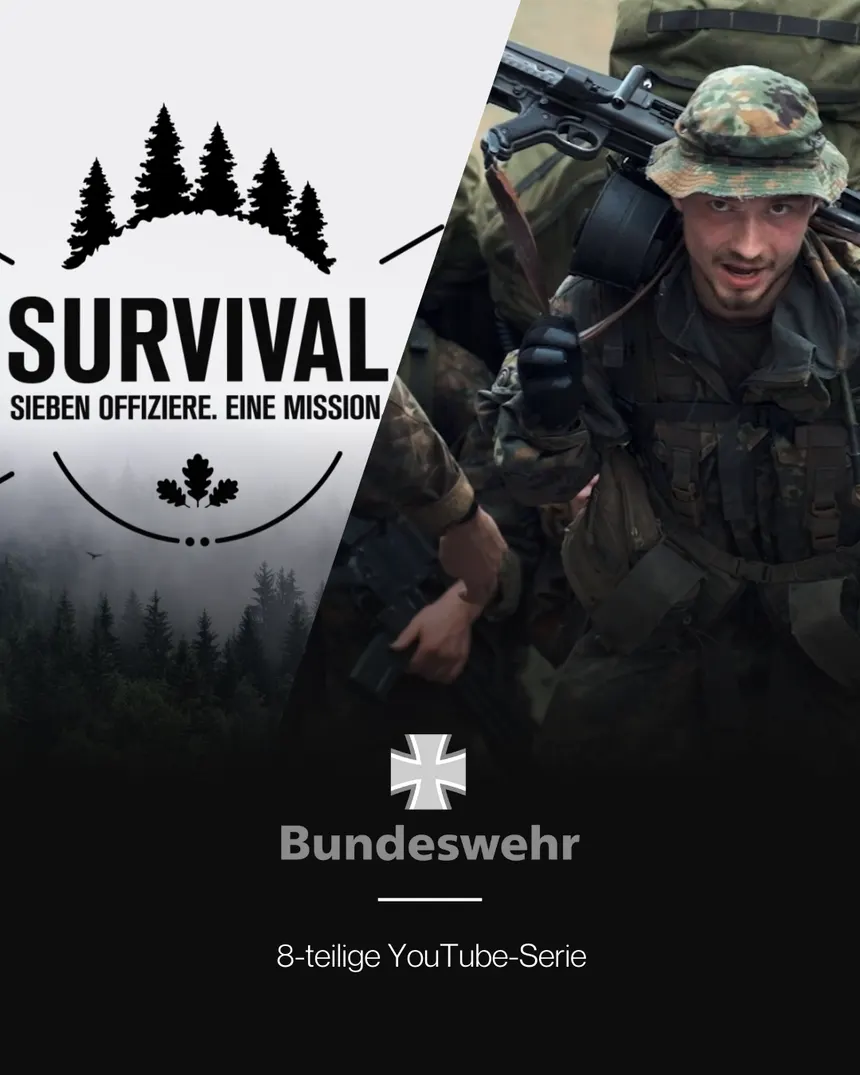 Projektkarte Bundeswehr: Soldat im Gelände, darunter das Logo der Bundeswehr und die Angabe 8-teilige YouTube-Serie.