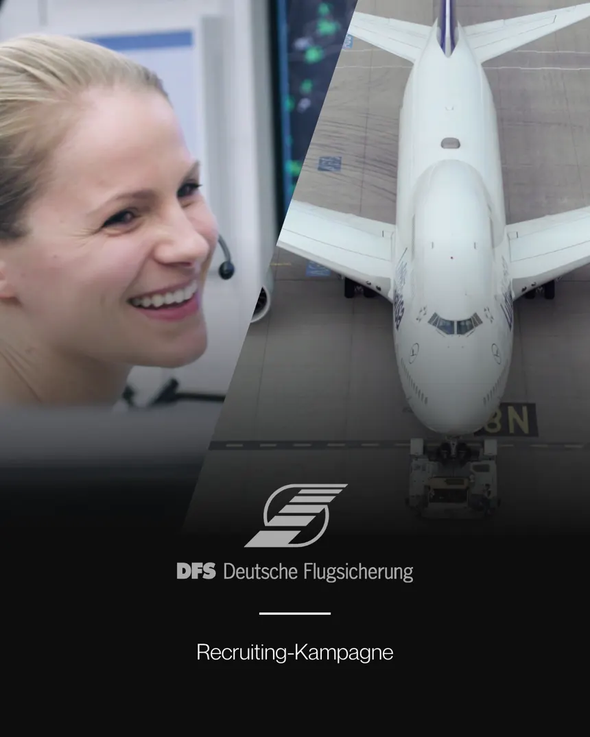 Projektkarte DFS Deutsche Flugsicherung: Fluglotsin am Arbeitsplatz und ein Flugzeug von oben, darunter das Logo der DFS Deutsche Flugsicherung und die Angabe Recruiting-Kampagne.