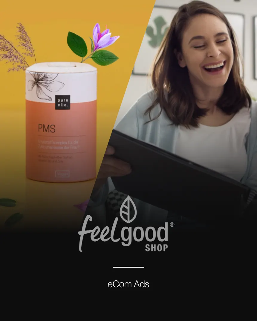 Projektkarte feelgood shop: Produktaufnahme einer Dose und eine lachende Frau am Tablet, darunter das Logo von feelgood shop und die Angabe eCom Ads.