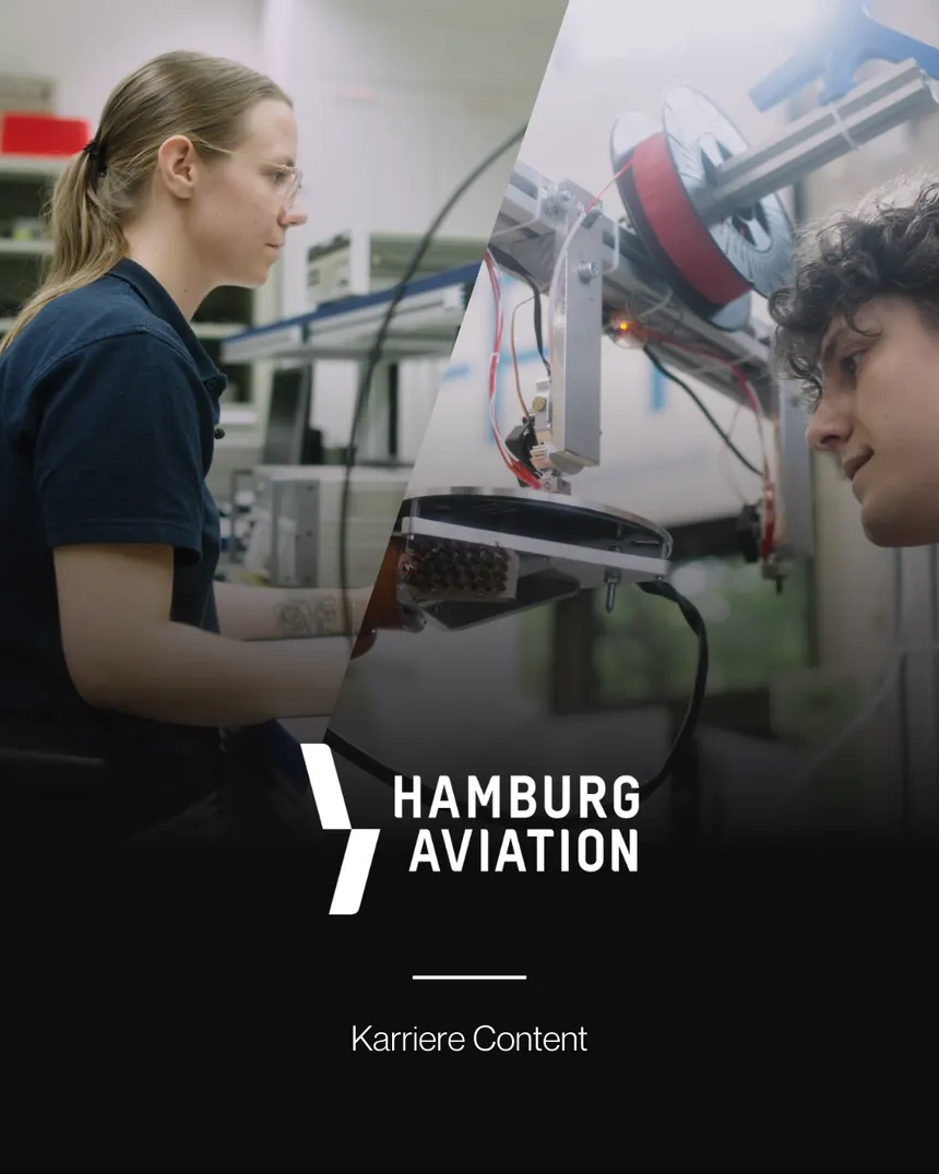 Projektkarte Hamburg Aviation: zwei Menschen an einem Laborarbeitsplatz, darunter das Logo von Hamburg Aviation und die Angabe Karriere-Content.