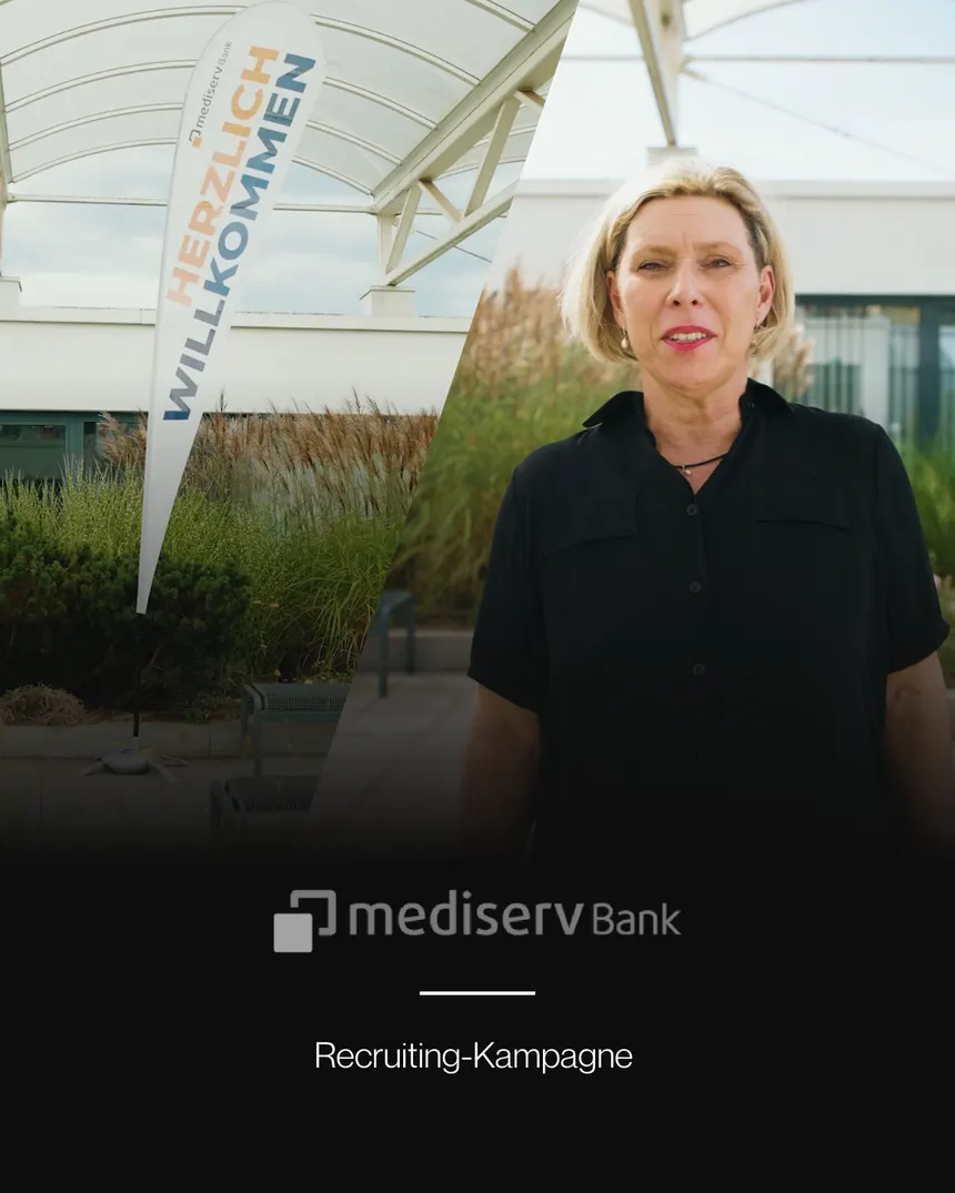 Projektkarte mediserv Bank: Mitarbeiterin vor dem Firmengebäude, darunter das Logo der mediserv Bank und die Angabe Recruiting-Kampagne.