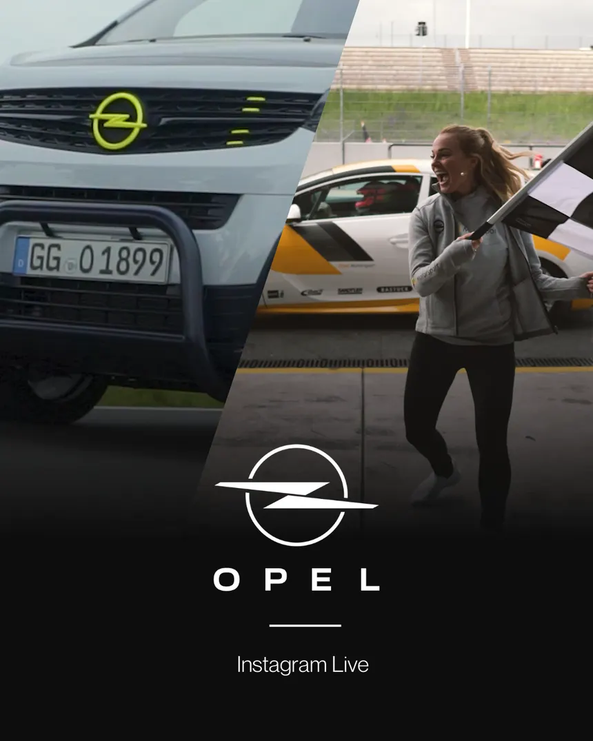 Projektkarte Opel: Fahrzeugfront und eine jubelnde Frau mit Zielflagge an der Rennstrecke, darunter das Logo von Opel und die Angabe Instagram Live.