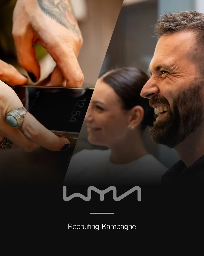 Projektkarte wmn: Hände an einem Telefon und zwei lachende Menschen im Gespräch, darunter das Logo von wmn und die Angabe Recruiting-Kampagne.