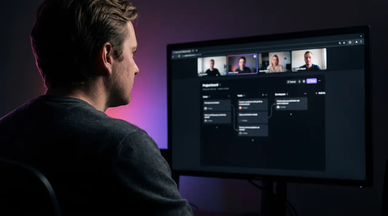 Mann vor einem Bildschirm in einer Videokonferenz mit vier Teilnehmern, darunter ein Projektverlauf mit Karten in drei Spalten
