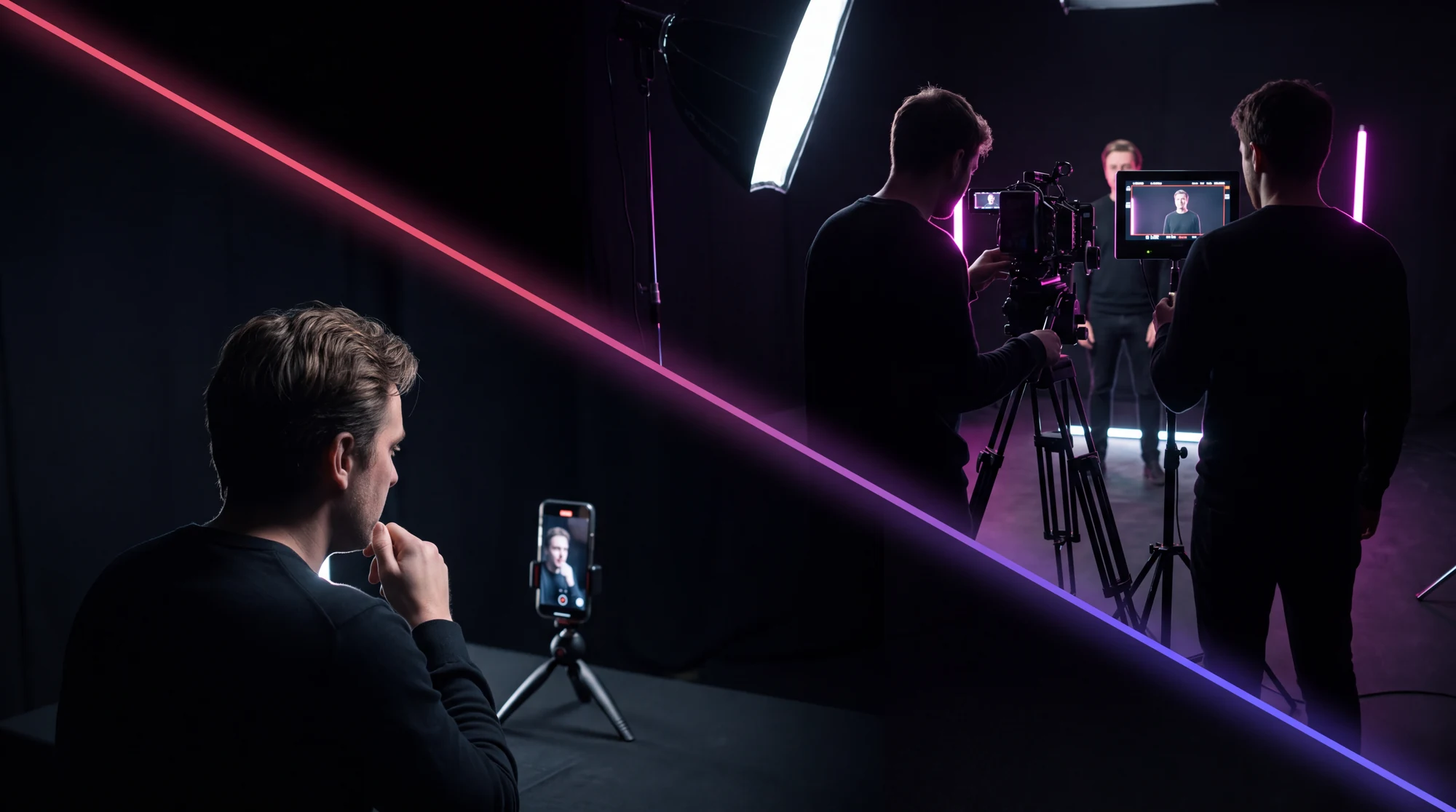 Ein dunkles Studio, diagonal geteilt von einer leuchtenden Linie in Pink und Violett: links unten sitzt ein Mann vor einem Telefon auf einem kleinen Stativ und filmt sich selbst, rechts oben stehen zwei Männer an einer Filmkamera auf Stativ mit Monitor und Flächenlicht vor einer dritten Person