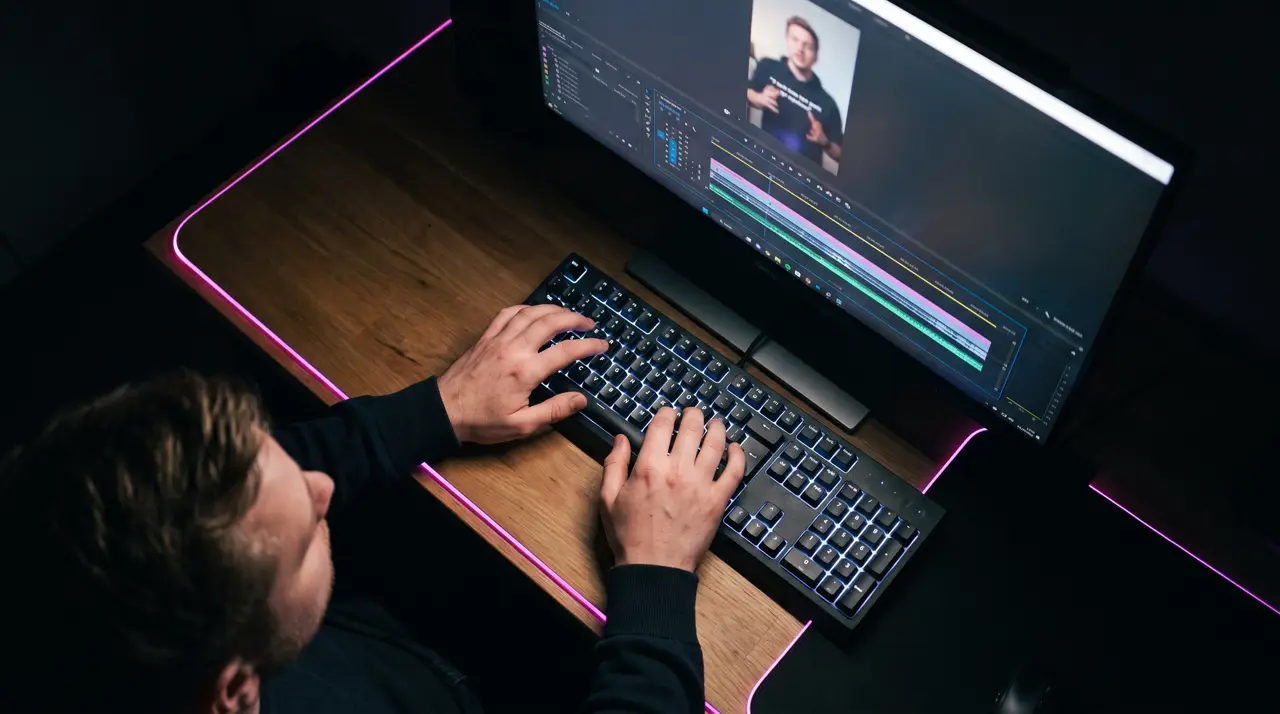Blick über die Schulter eines Mannes am Schnittplatz: beide Hände auf der Tastatur, auf dem Bildschirm ein Hochkant-Video mit Untertiteln über einer mehrspurigen Zeitleiste